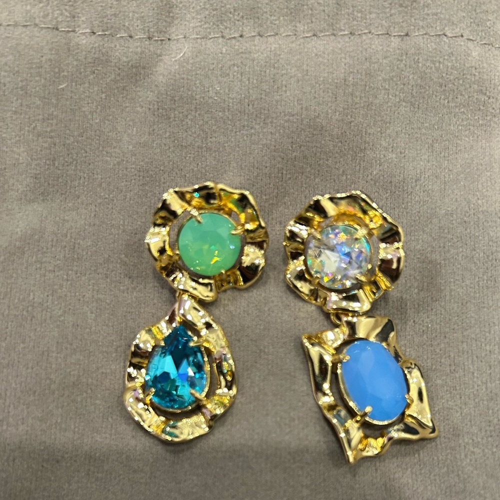 ALEXIS BITTAR• Gold Crystal Rainbow Blue Antiquities Mismatched Ruffled Earrings